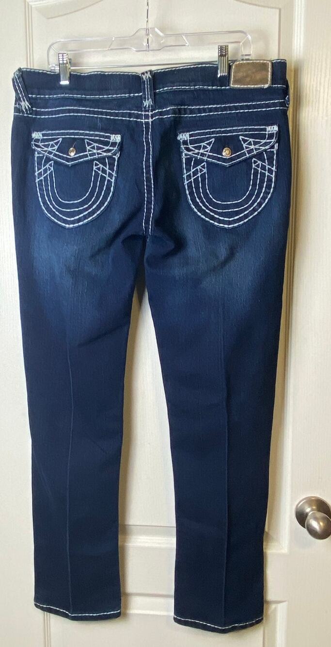 True Religion Bobbie SuperT Dark Blue White Stitch Denim Jeans Women's Size 34"